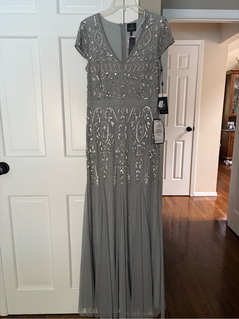 Adrianna Papell Silver Gray Beaded V-Neck Maxi Dress